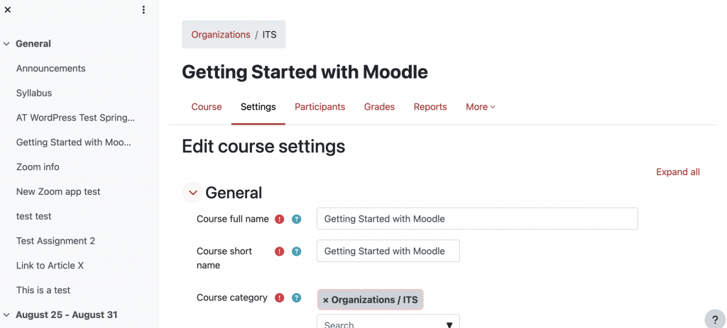 Screenshot of course settings in Moodle